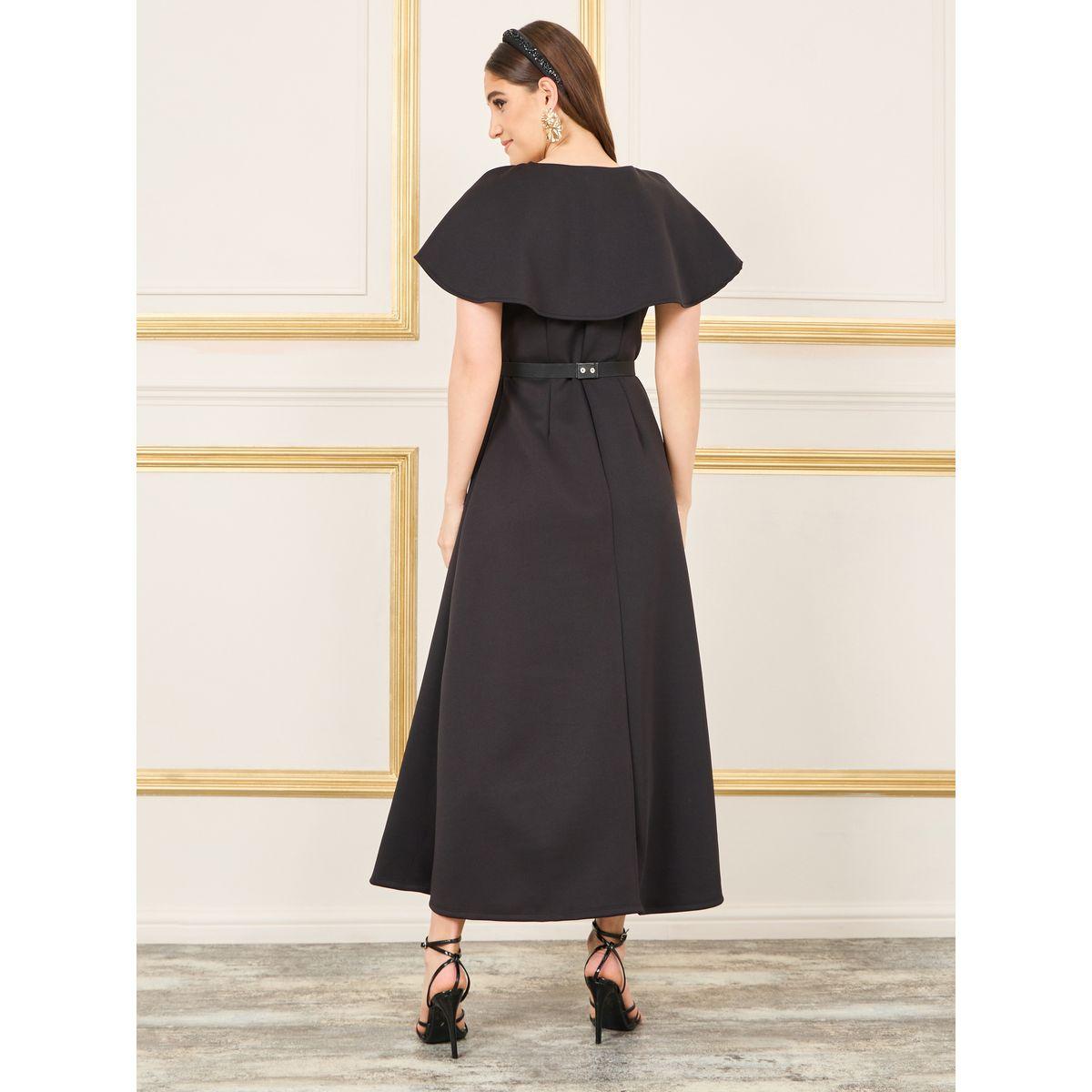 Styli Pleated Cape Sleeves Chain Accent Belted A-Line Midi Dress-women-clothing-dresses-image-4