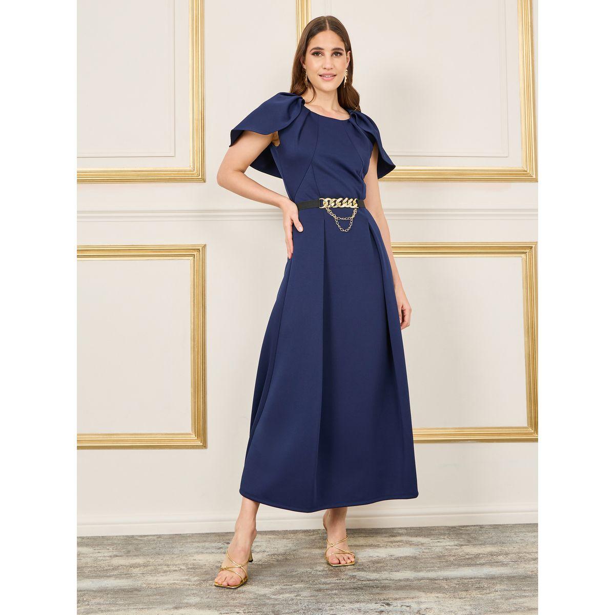 Styli Pleated Cape Sleeves Chain Accent Belted A-Line Maxi Dress-women-clothing-dresses-image-1
