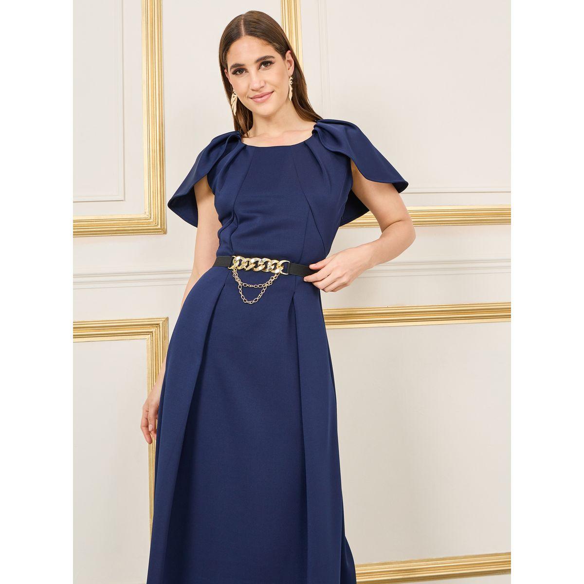 Styli Pleated Cape Sleeves Chain Accent Belted A-Line Maxi Dress-women-clothing-dresses-image-2