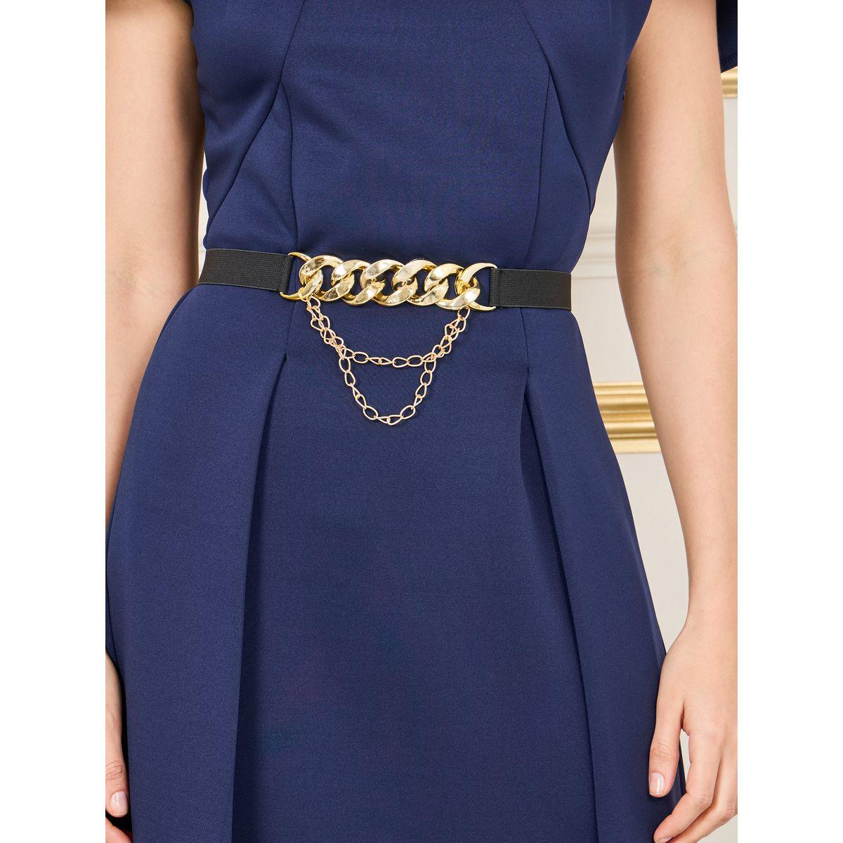 Styli Pleated Cape Sleeves Chain Accent Belted A-Line Maxi Dress-women-clothing-dresses-image-3