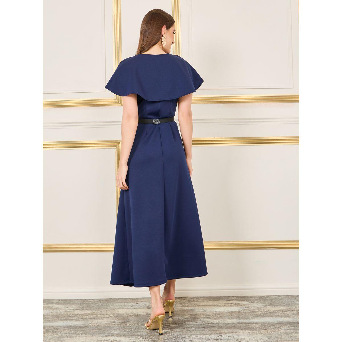 Styli Pleated Cape Sleeves Chain Accent Belted A-Line Maxi Dress-women-clothing-dresses-image-4