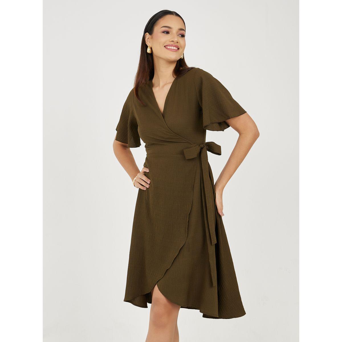 Styli Textured Angel Sleeves Wrap Midi Dress-women-clothing-dresses-image-1