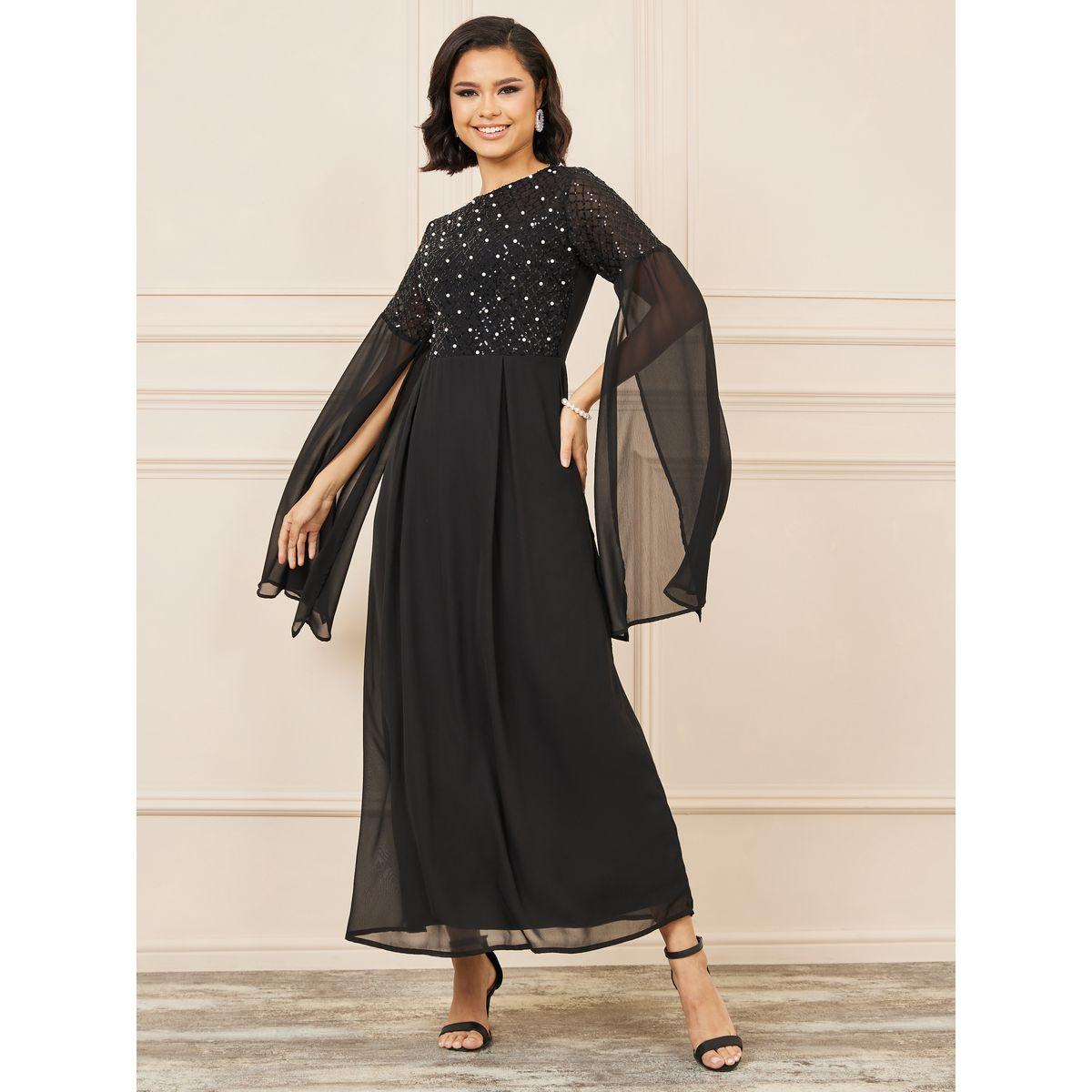 فستان طويل مزين بالترتر مع اكمام كيب-women-clothing-dresses-image-1