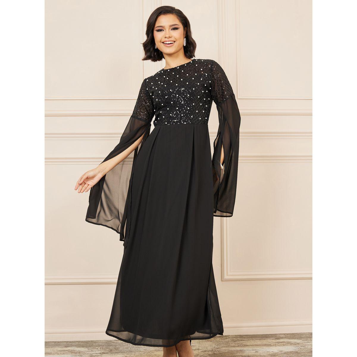 Styli Beaded Sequin Detail Cape Sleeves A-Line Maxi Dress-women-clothing-dresses-image-2