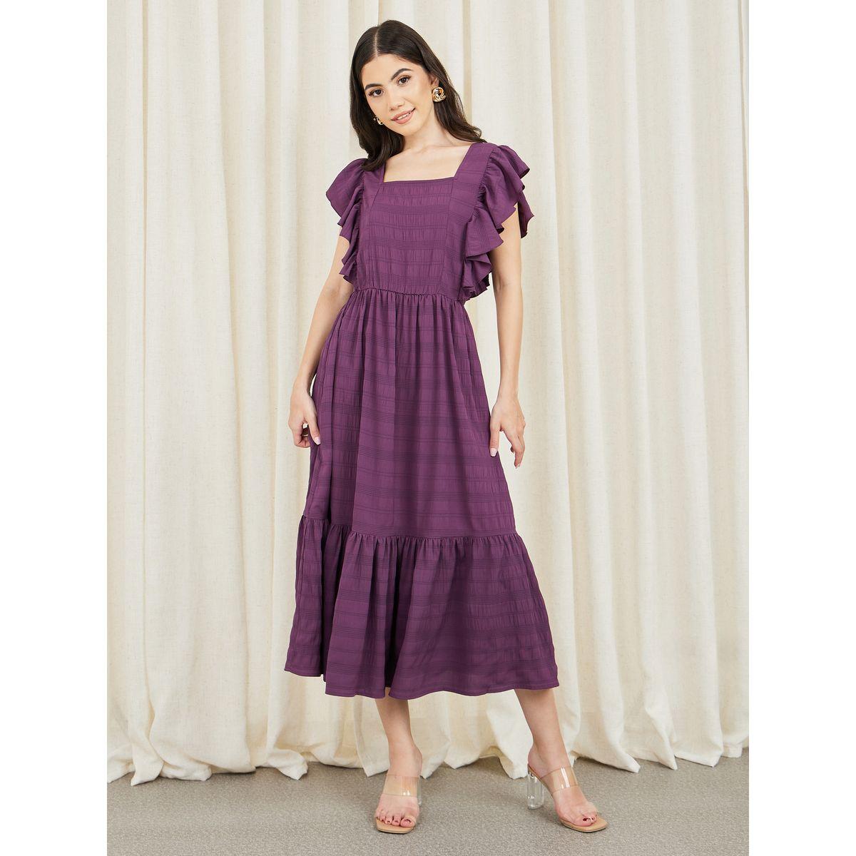 فستان ميدي بياقة واسعة مع كشكش-women-clothing-dresses-image-1