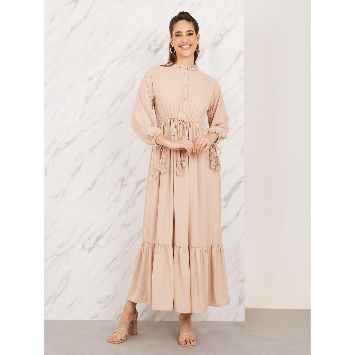 Styli Ruffle Trim High Neck Tie Up Sleeves Elasticated Waist Maxi Dress-women-clothing-dresses-image-1