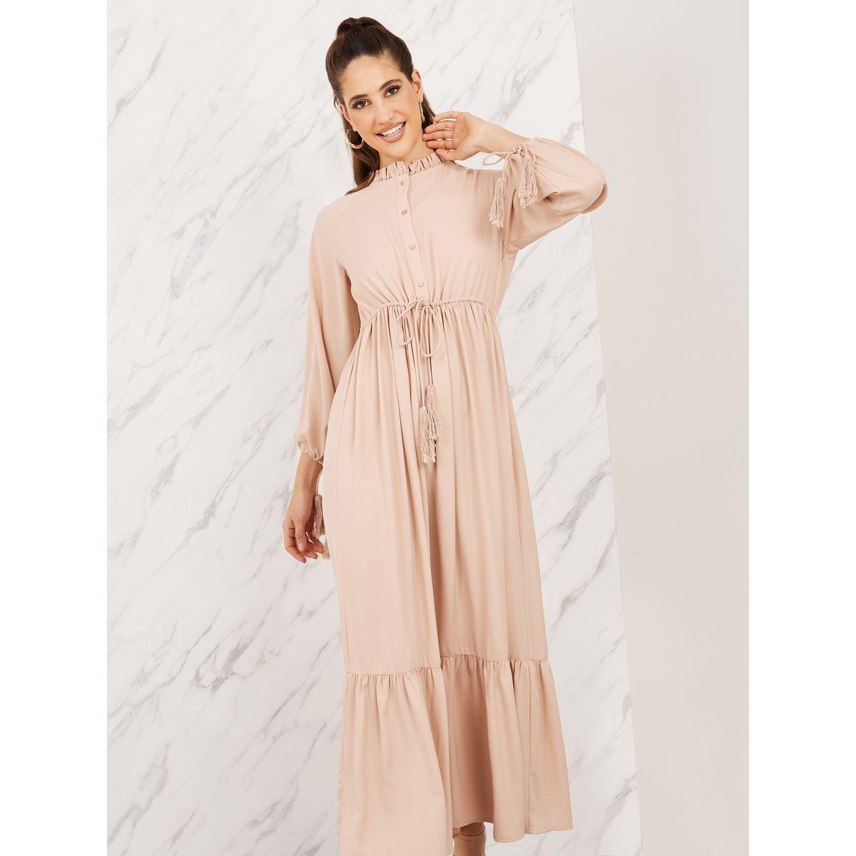 Styli Ruffle Trim High Neck Tie Up Sleeves Elasticated Waist Maxi Dress-women-clothing-dresses-image-2