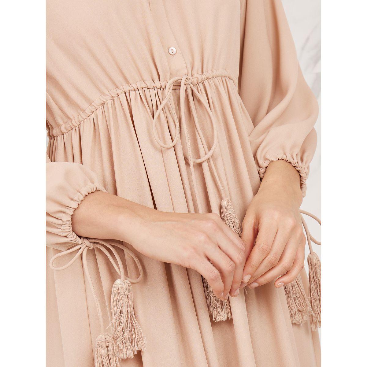 Styli Ruffle Trim High Neck Tie Up Sleeves Elasticated Waist Maxi Dress-women-clothing-dresses-image-3