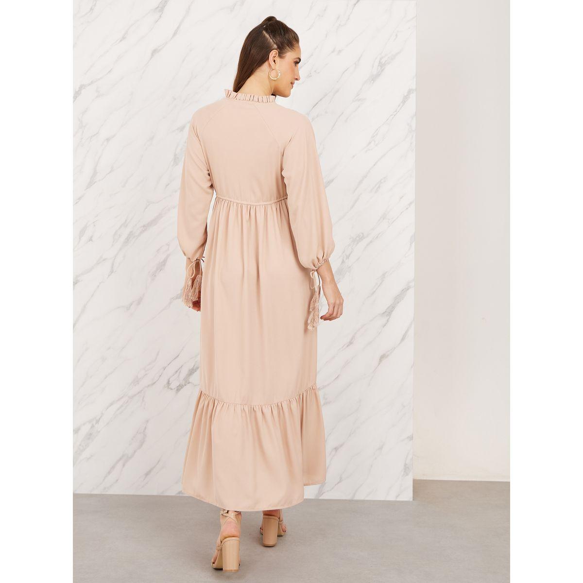 Styli Ruffle Trim High Neck Tie Up Sleeves Elasticated Waist Maxi Dress-women-clothing-dresses-image-4