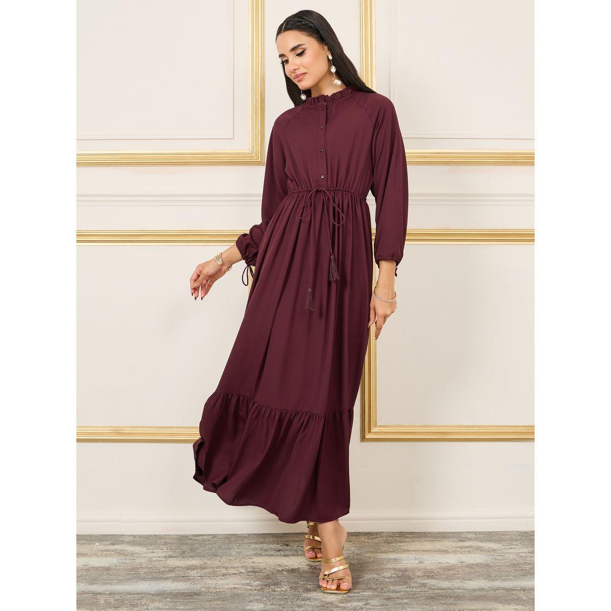Styli Ruffle Trim High Neck Tie Up Sleeves Elasticated Waist Maxi Dress-women-clothing-dresses-image-1