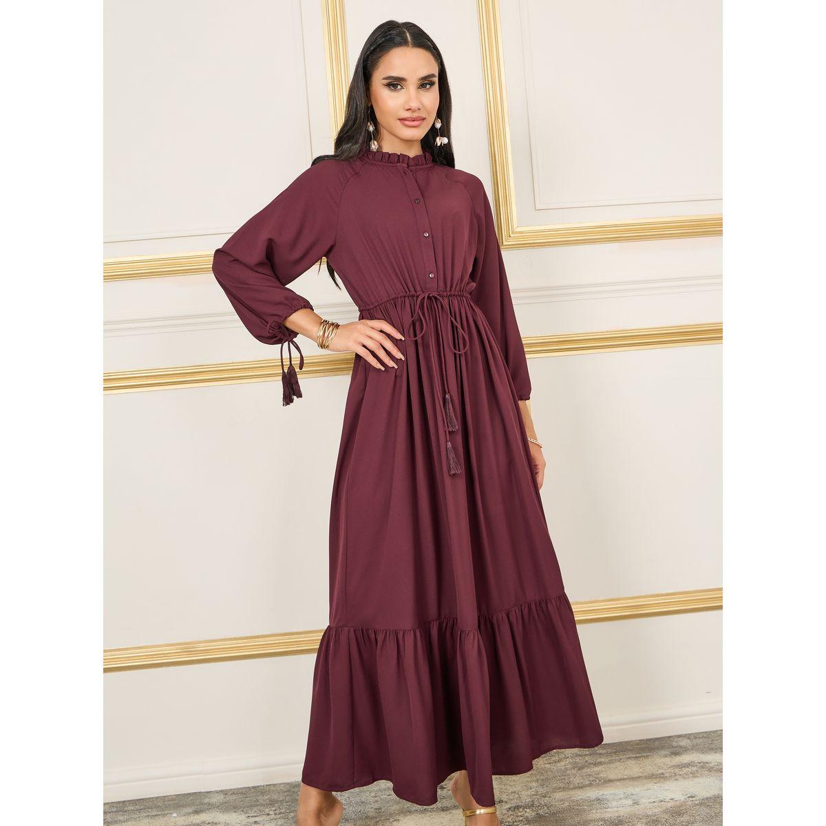 Styli Ruffle Trim High Neck Tie Up Sleeves Elasticated Waist Maxi Dress-women-clothing-dresses-image-2