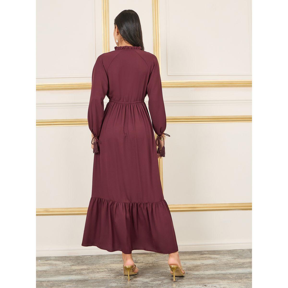 Styli Ruffle Trim High Neck Tie Up Sleeves Elasticated Waist Maxi Dress-women-clothing-dresses-image-4