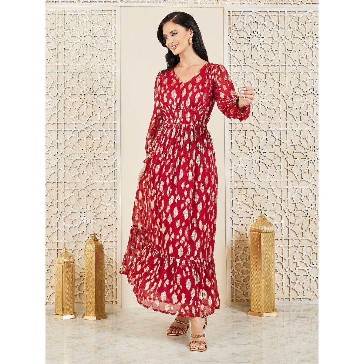 Styli Foil Print Gathered Detail A-Line Maxi Dress-women-clothing-dresses-image-1