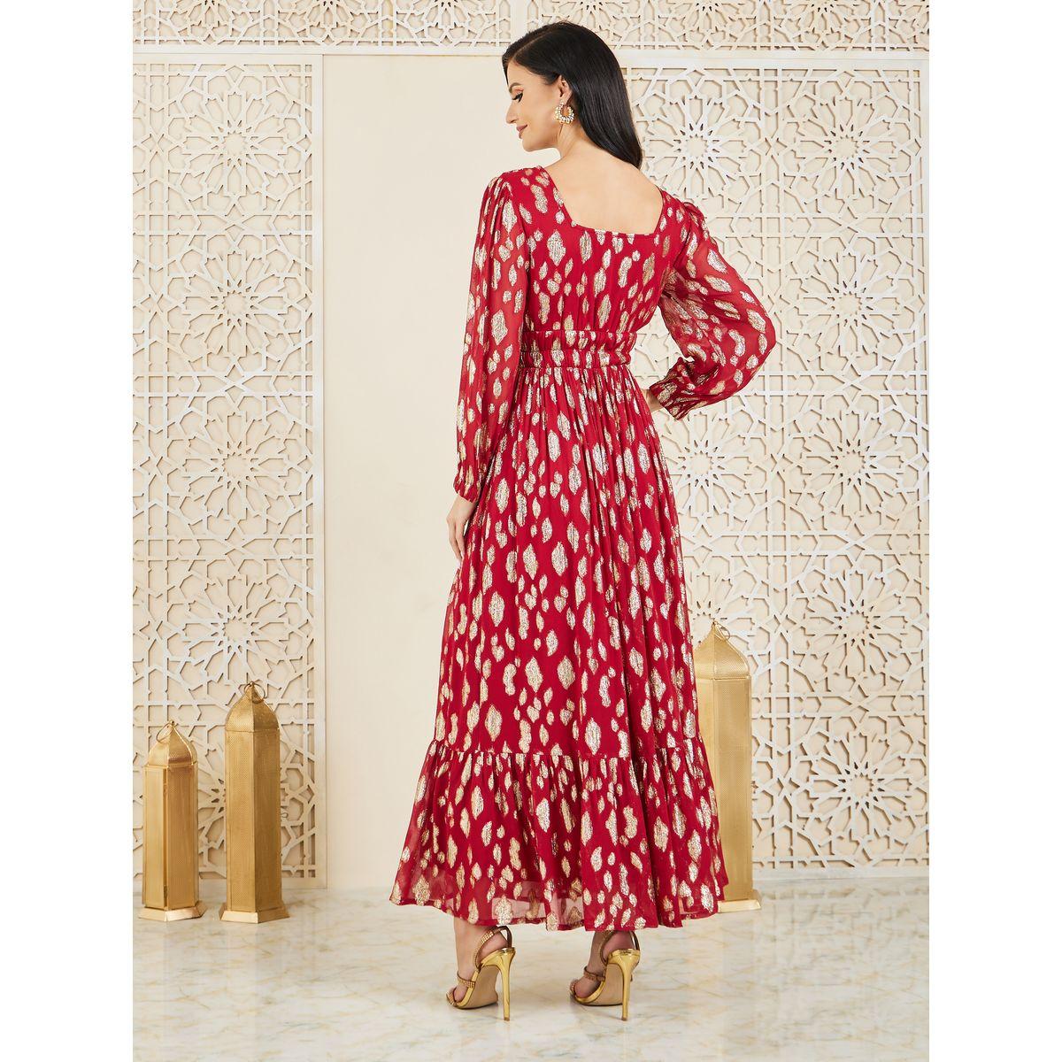Styli Foil Print Gathered Detail A-Line Maxi Dress-women-clothing-dresses-image-4