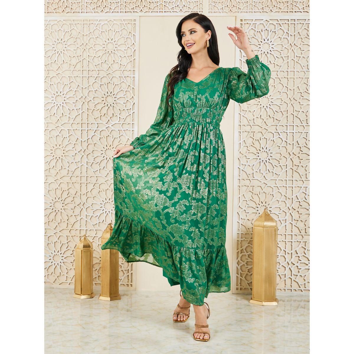 Styli Foil Print Gathered Detail A-Line Maxi Dress-women-clothing-dresses-image-1