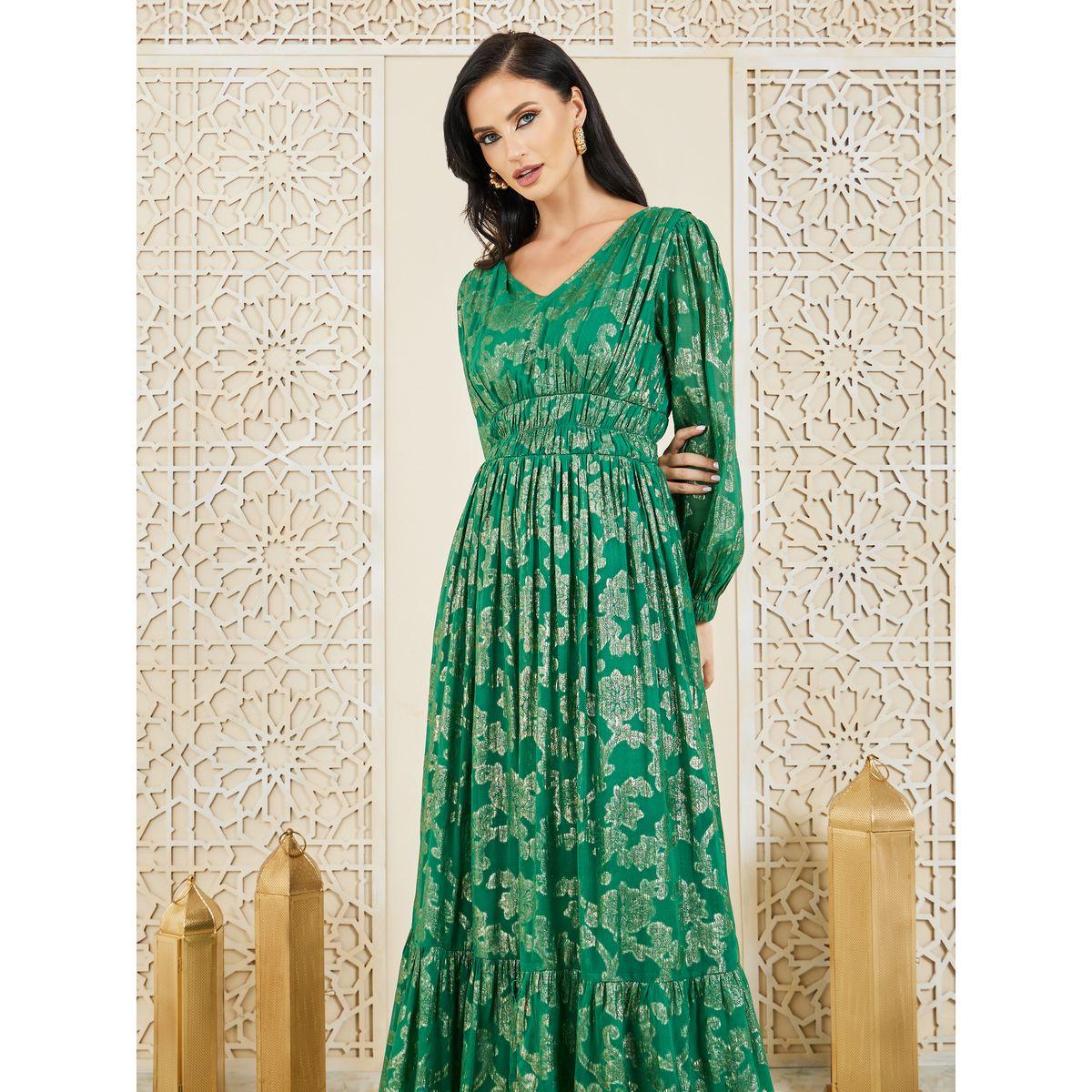 Styli Foil Print Gathered Detail A-Line Maxi Dress-women-clothing-dresses-image-2