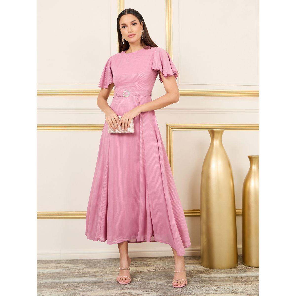 Styli Striped Embellished Buckle Belted A-Line Maxi Dress-women-clothing-dresses-image-1