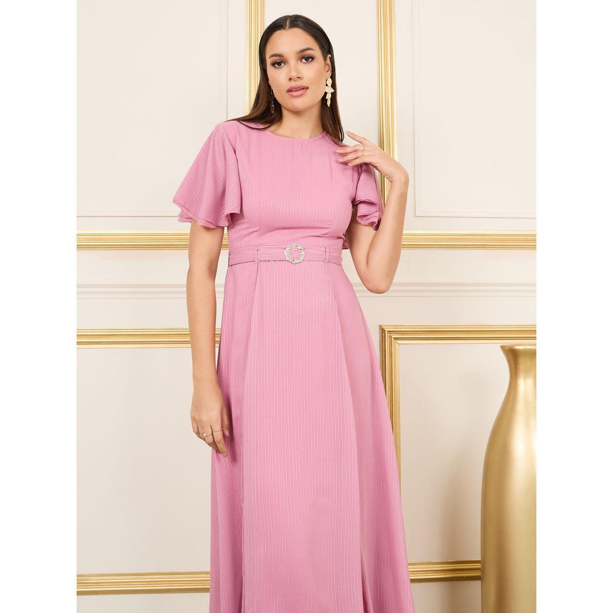 Styli Striped Embellished Buckle Belted A-Line Maxi Dress-women-clothing-dresses-image-2