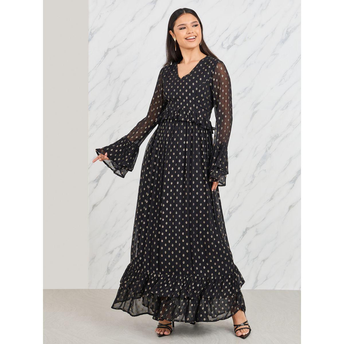 Styli Lurex Dobby Ruffle Layer A-Line Maxi Dress-women-clothing-dresses-image-1