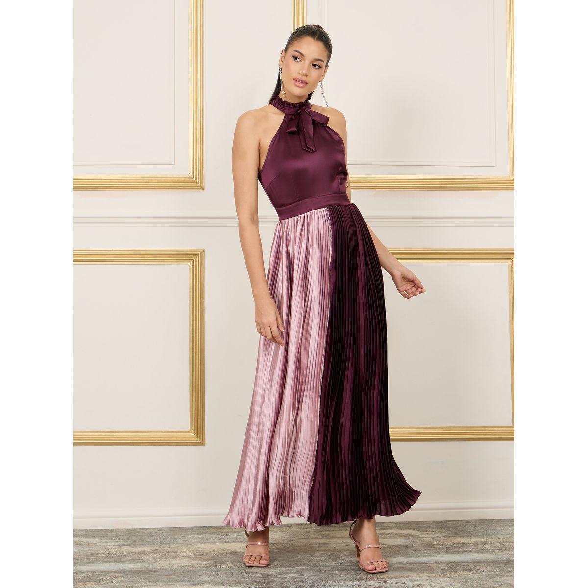 فستان طويل بياقة هولتر ونمط كتل الالوان-women-clothing-dresses-image-1
