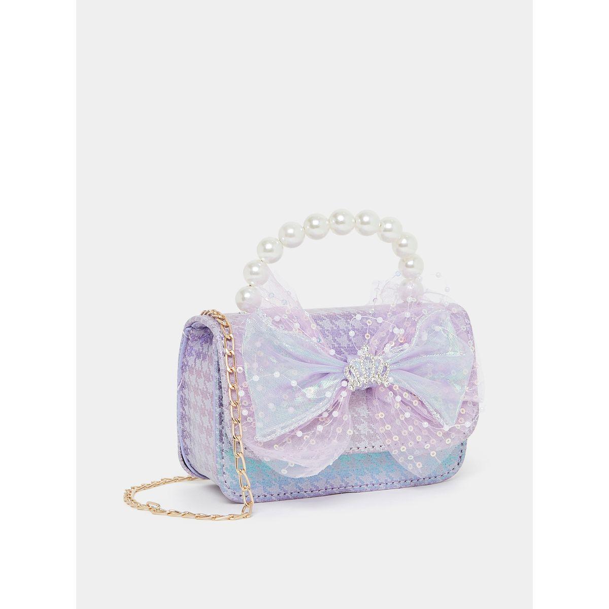 Styli Mesh Bow & Faux Pearl Top Handle Textured Handbag-school-bagsandbackpacks-backpacks-image-1