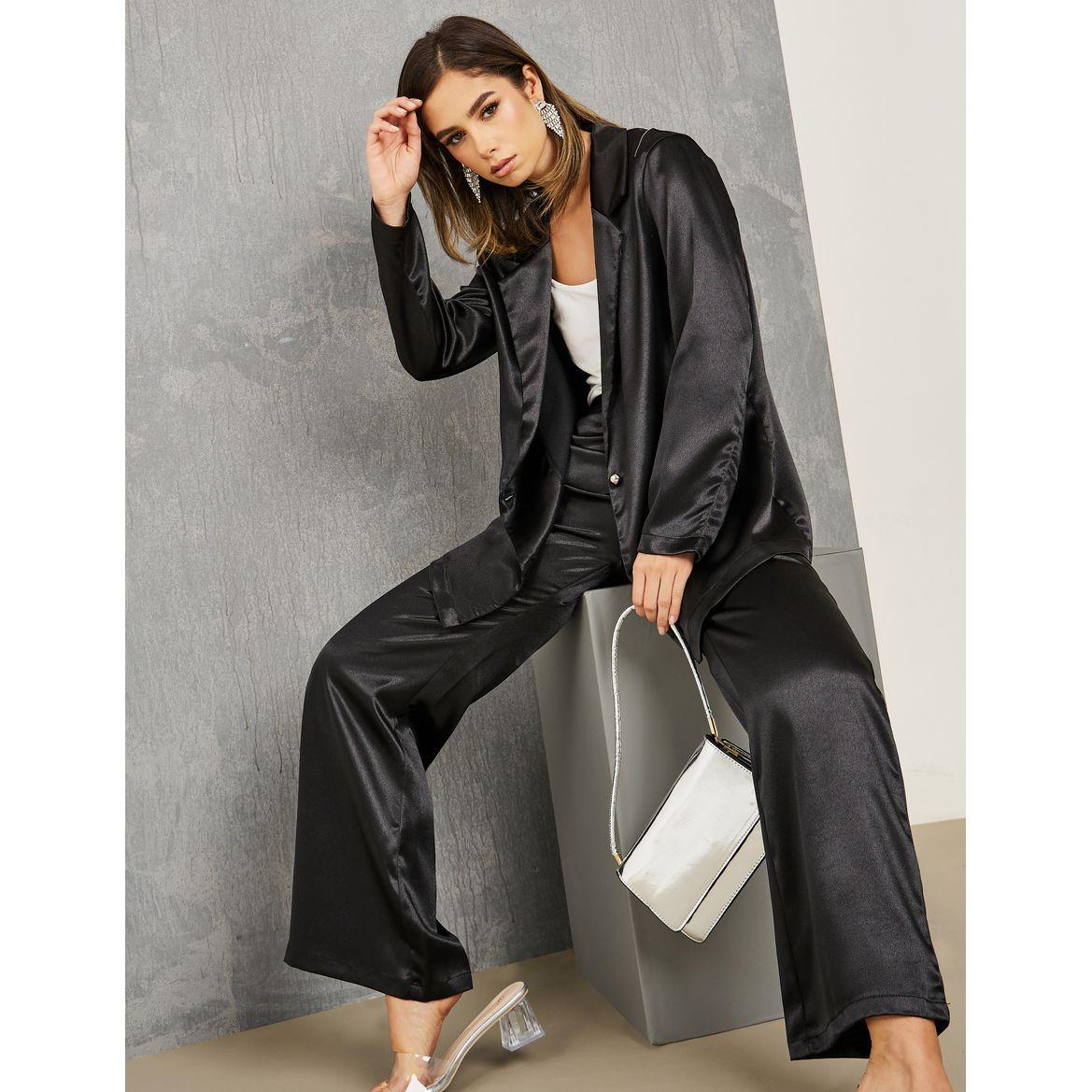 Styli Embellished Fringe Trim Split Back Blazer & Flared Pants Co-Ords-women-clothing-coordsets-image-1