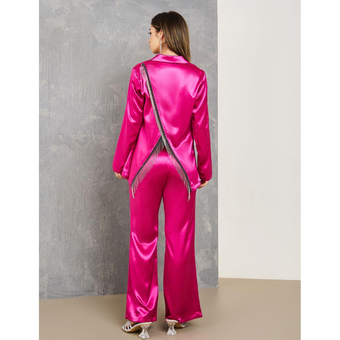Styli Embellished Fringe Trim Split Back Blazer & Flared Pants Co-Ords-women-clothing-coordsets-image-5