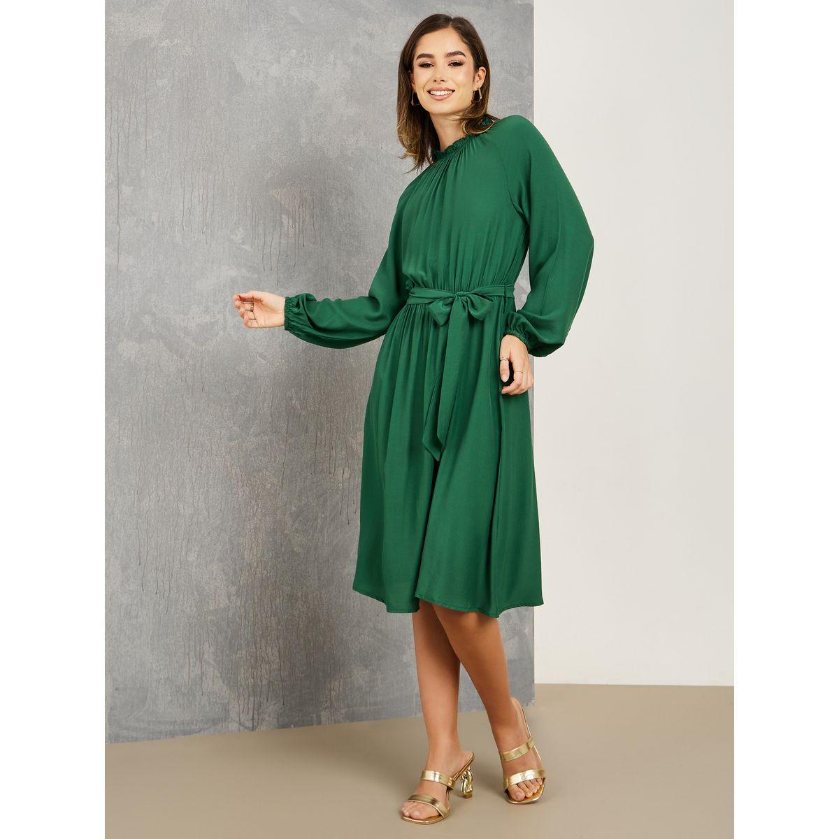 Styli Ruffled High Neck Midi Dress with Tie Belt-women-clothing-dresses-image-1