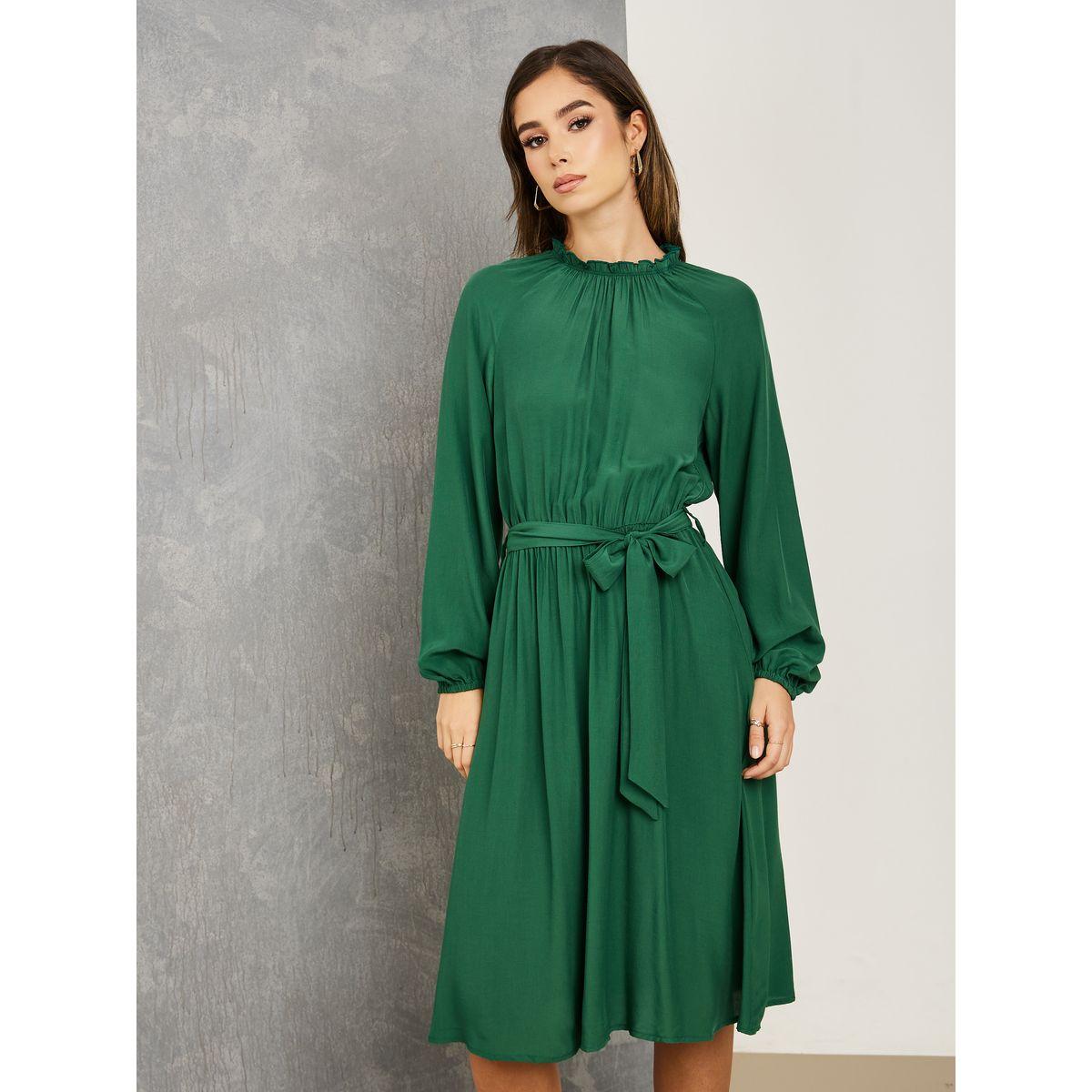Styli Ruffled High Neck Midi Dress with Tie Belt-women-clothing-dresses-image-2