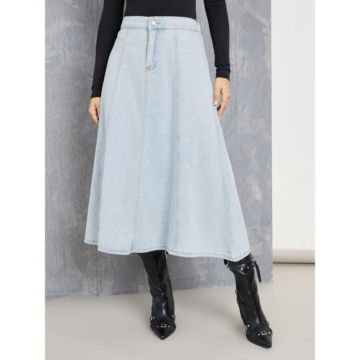 Styli High Waist A-Line Denim Skirt with Button Closure-women-clothing-bottoms-skirts-image-1