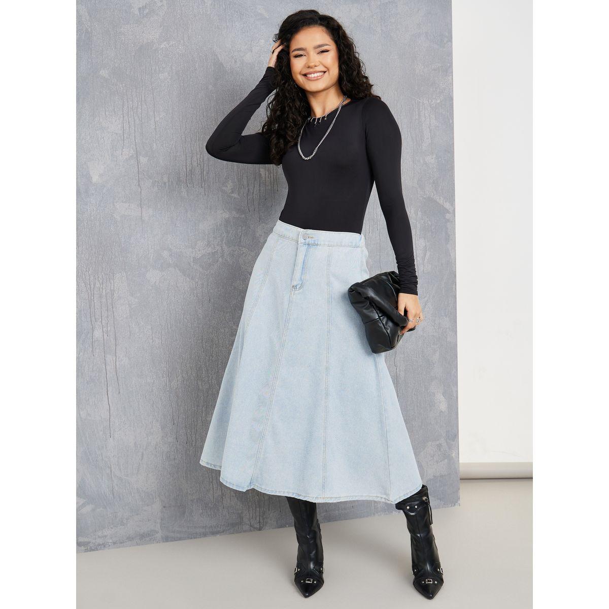 Styli High Waist A-Line Denim Skirt with Button Closure-women-clothing-bottoms-skirts-image-2