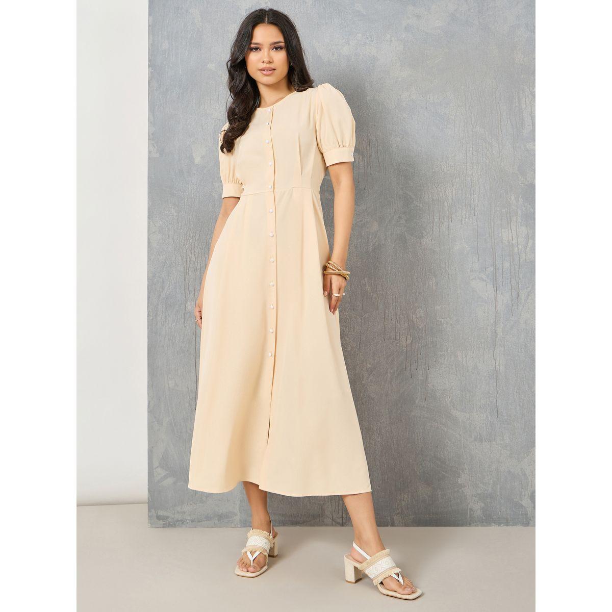 فستان ميدي بأكمام منفوخة وأزرار غلق-women-clothing-dresses-image-1