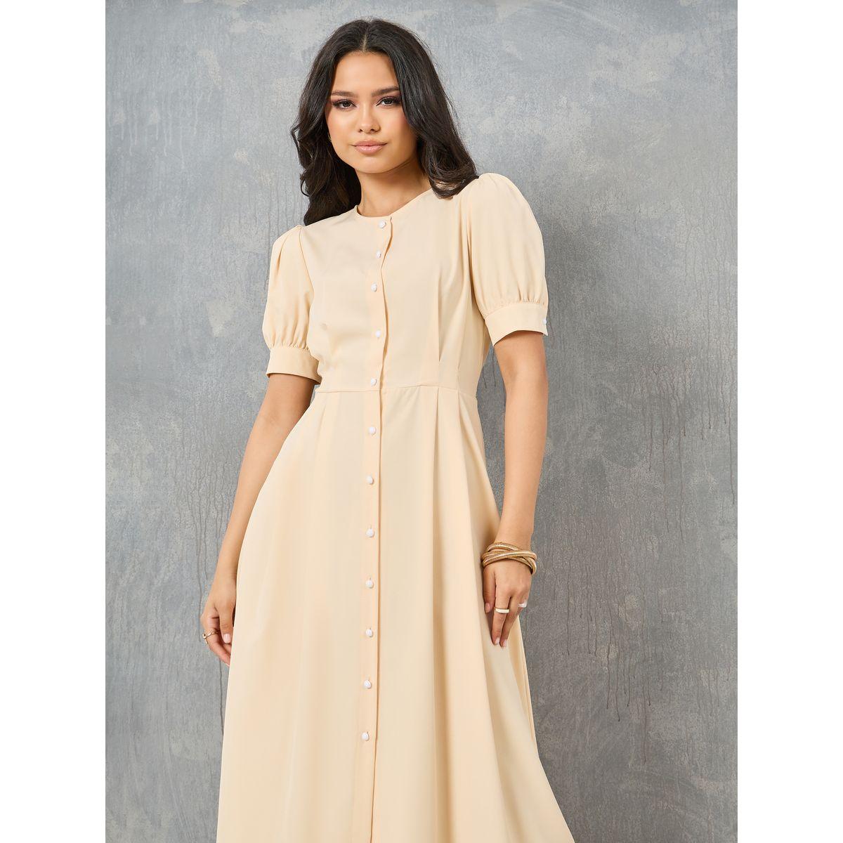 Styli Button Detail Puff Sleeves A-Line Shirt Midi Dress-women-clothing-dresses-image-2