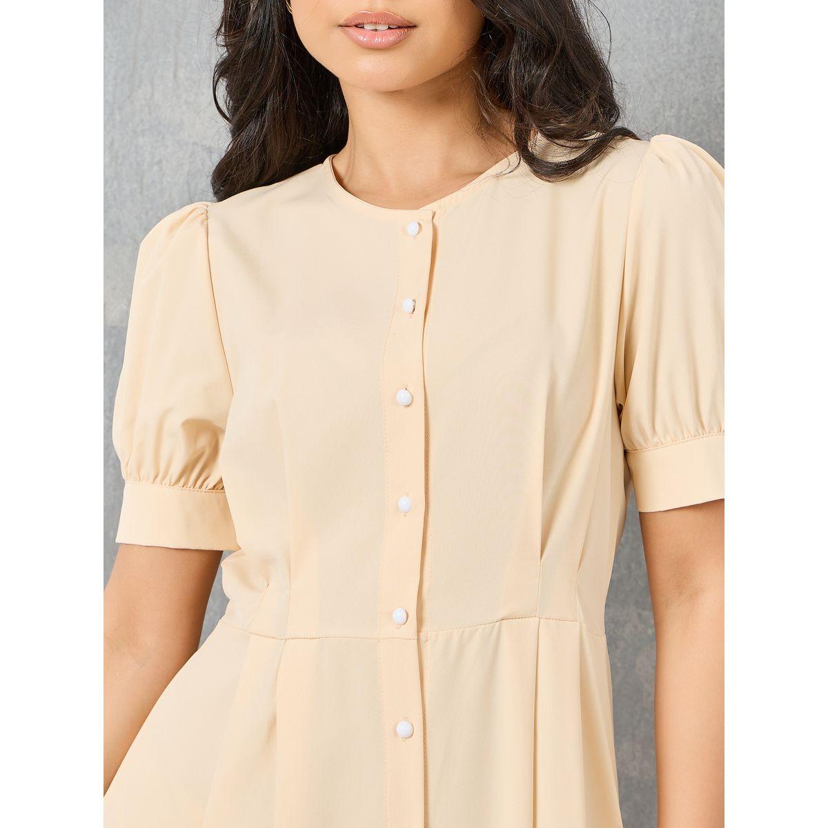 فستان ميدي بأكمام منفوخة وأزرار غلق-women-clothing-dresses-image-3