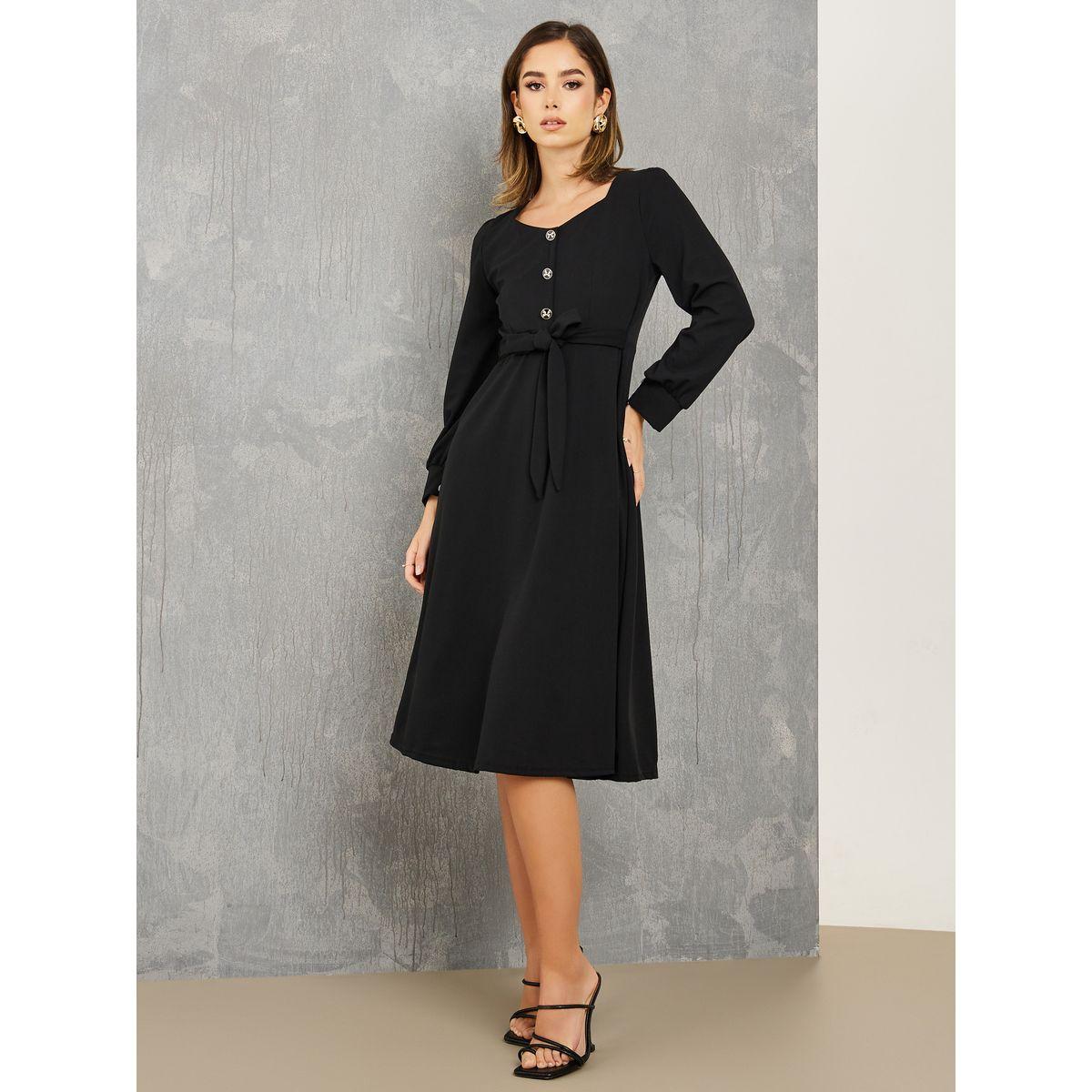 Styli Square Neck A-Line Midi Dress with Tie Waist-women-clothing-dresses-image-1