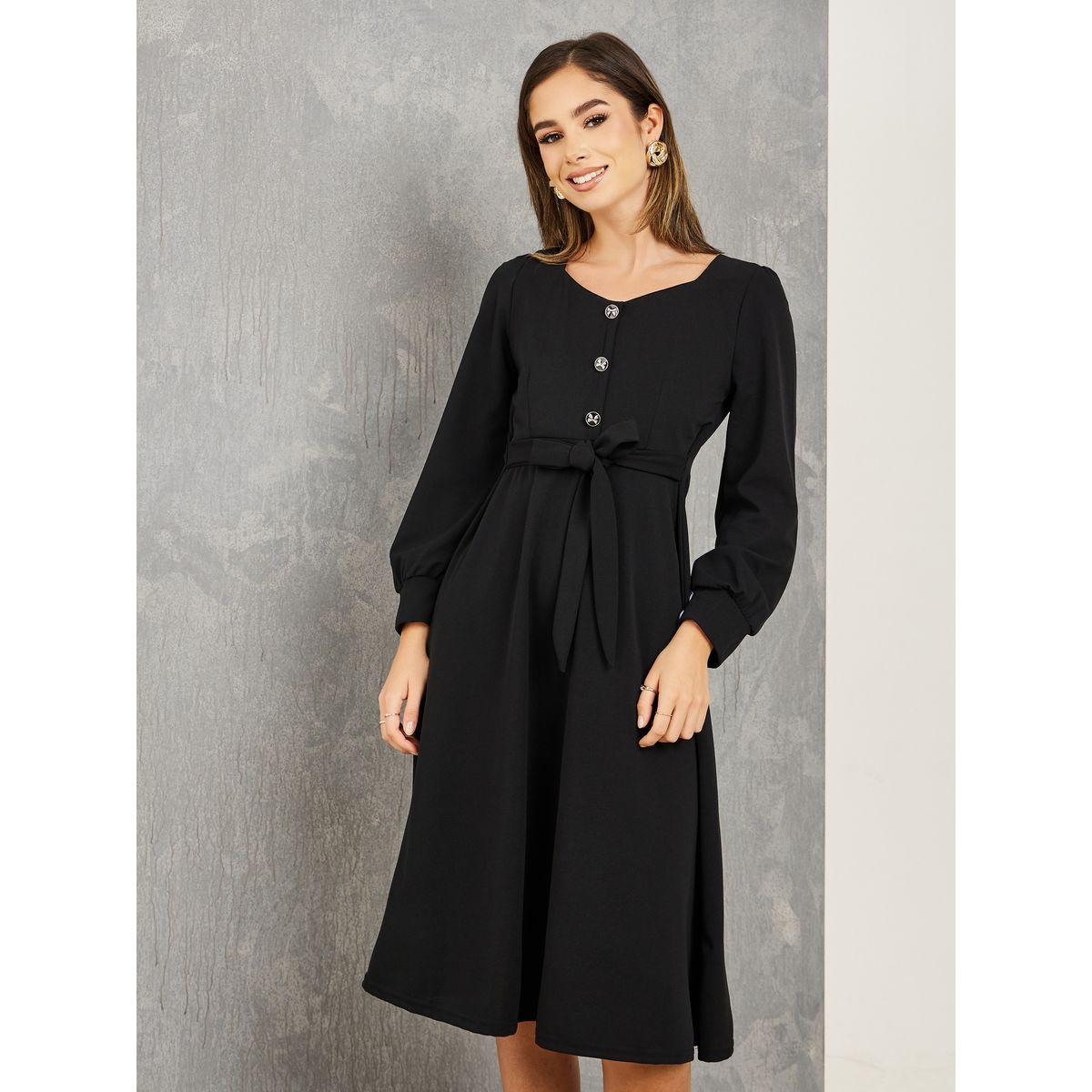 Styli Square Neck A-Line Midi Dress with Tie Waist-women-clothing-dresses-image-2