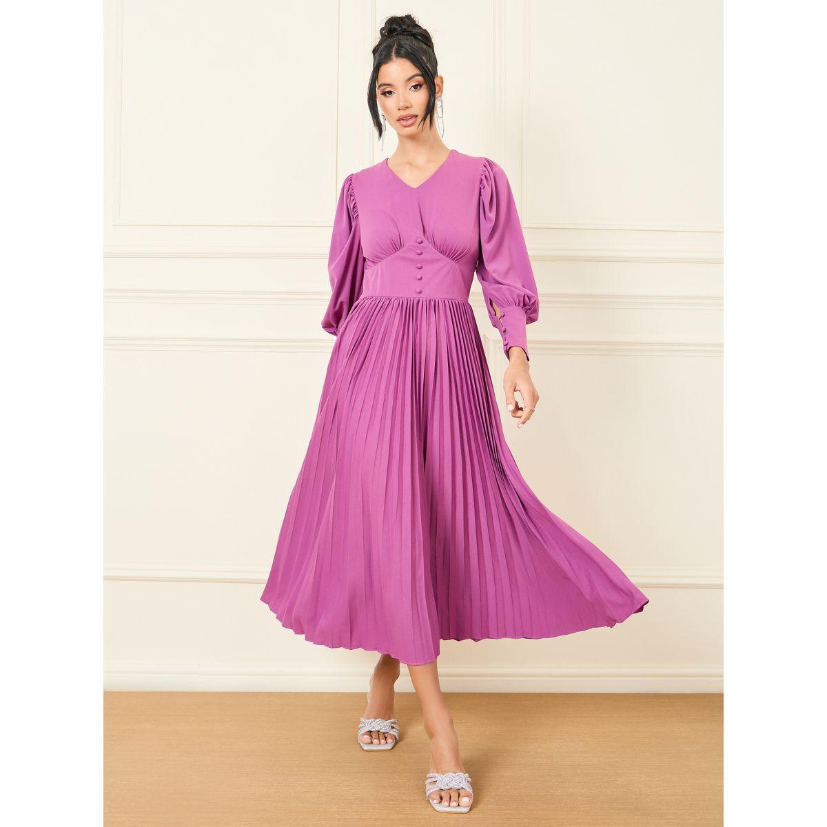 فستان ميدي بطيات الأكورديون الأنيقة على شكل أزرار على شكل خط A-women-clothing-dresses-image-1