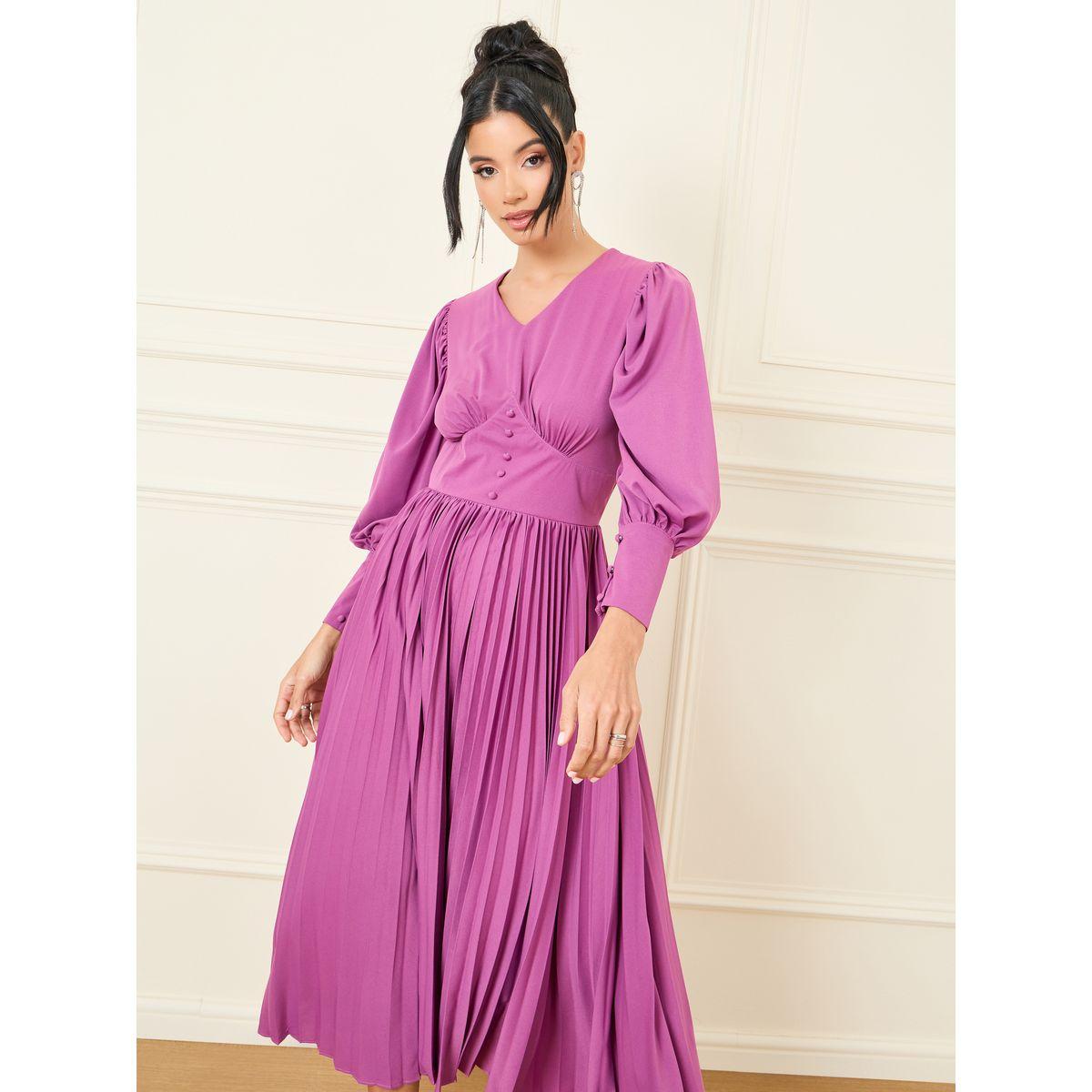 Styli Accordion Pleats Button Detail A-Line Midi Dress-women-clothing-dresses-image-2