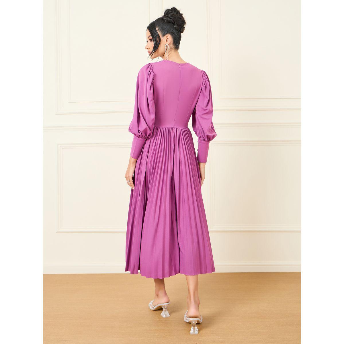 فستان ميدي بطيات الأكورديون الأنيقة على شكل أزرار على شكل خط A-women-clothing-dresses-image-4