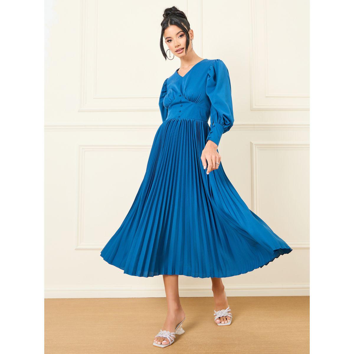 Styli Accordion Pleats Button Detail A-Line Midi Dress-women-clothing-dresses-image-1