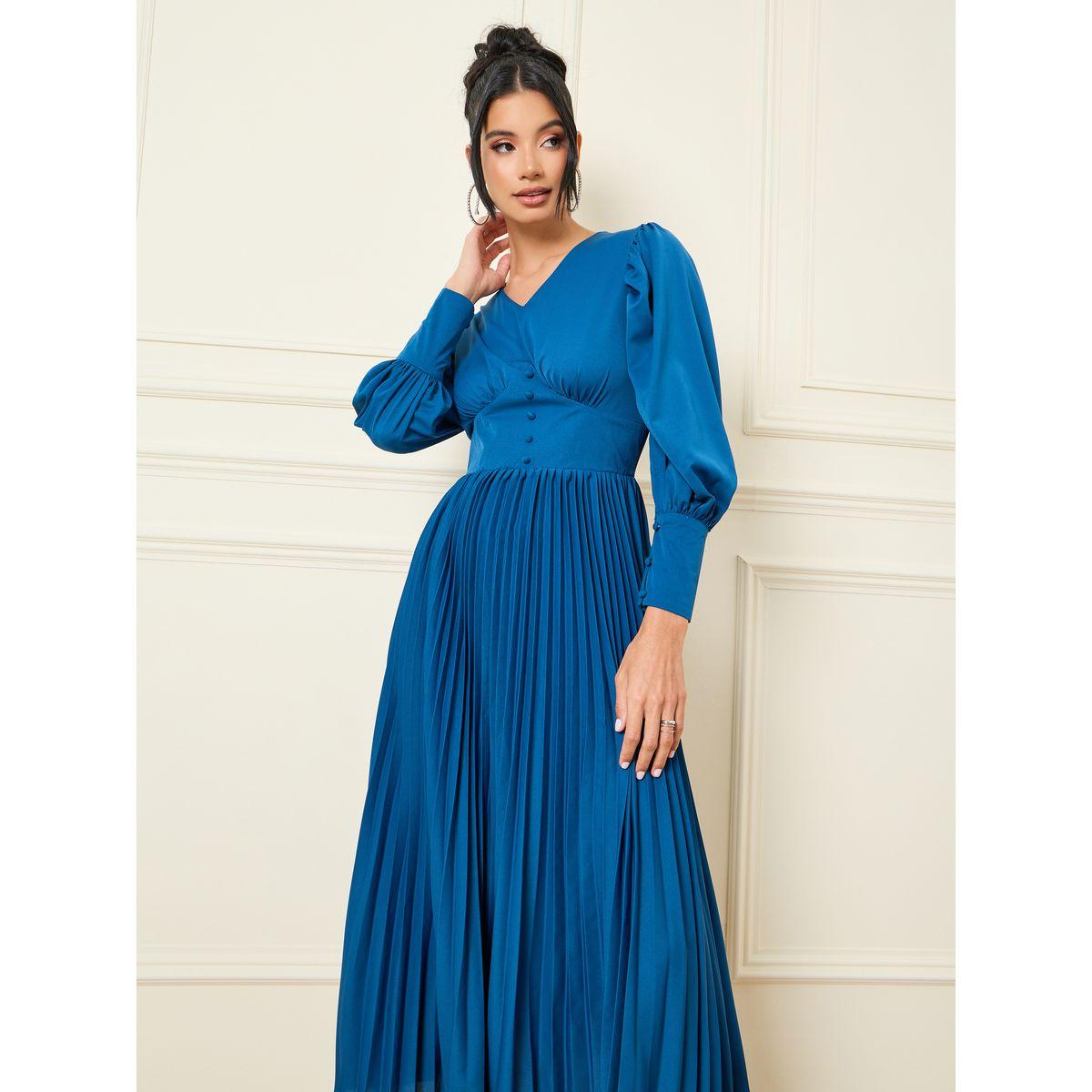 Styli Accordion Pleats Button Detail A-Line Midi Dress-women-clothing-dresses-image-2