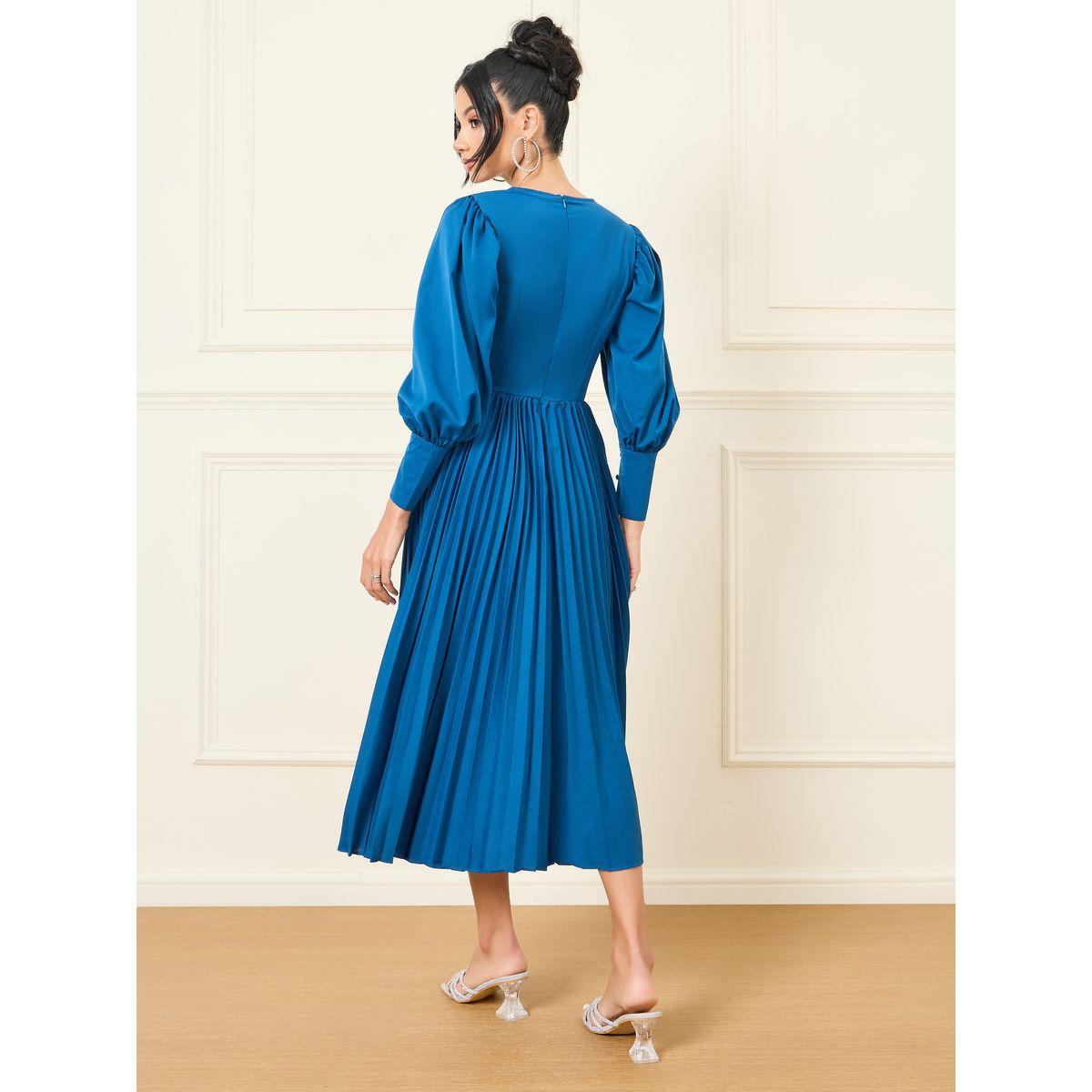 Styli Accordion Pleats Button Detail A-Line Midi Dress-women-clothing-dresses-image-4