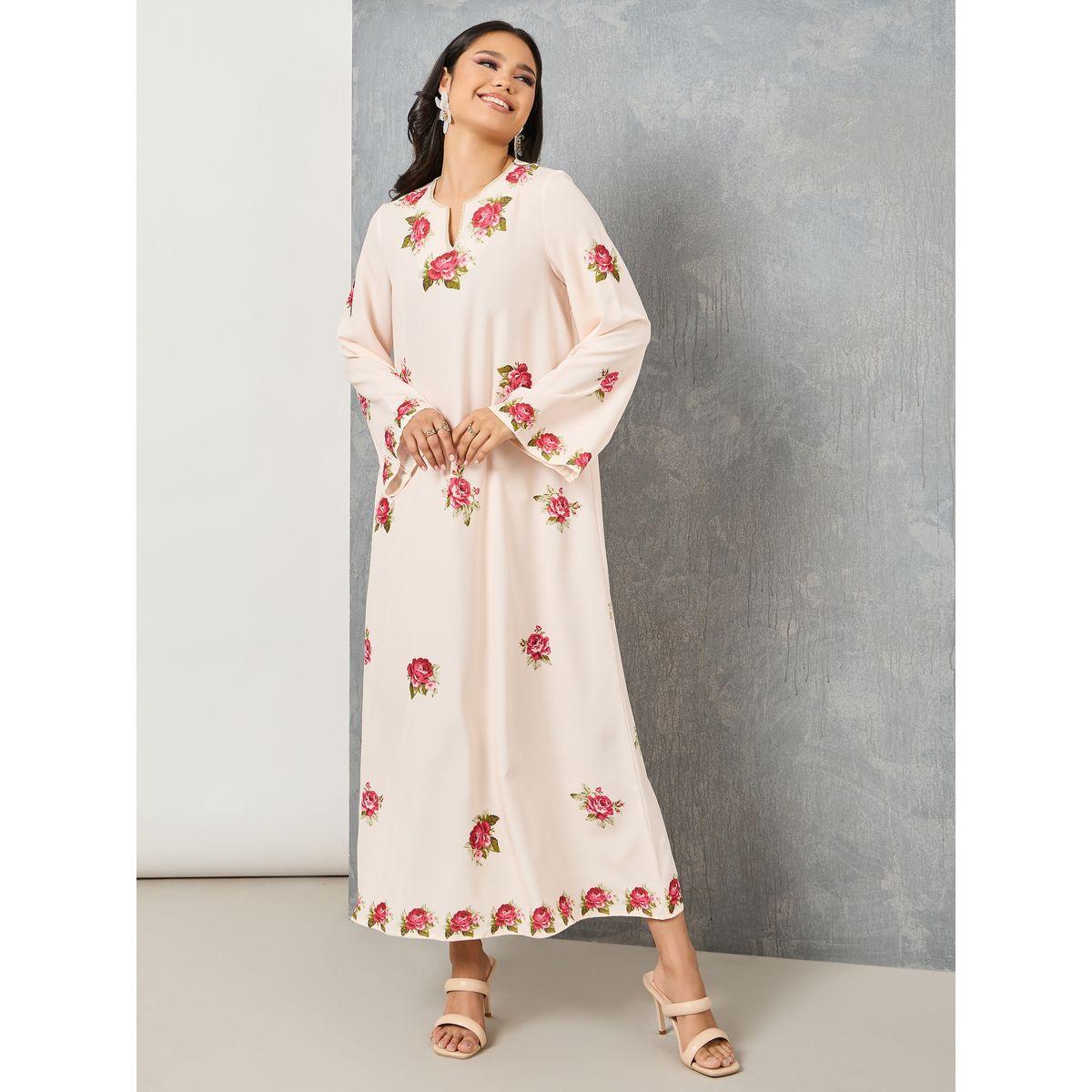 Styli Rose Print A-Line Maxi Jalabiya-women-arabicclothing-jalabiyas-image-1