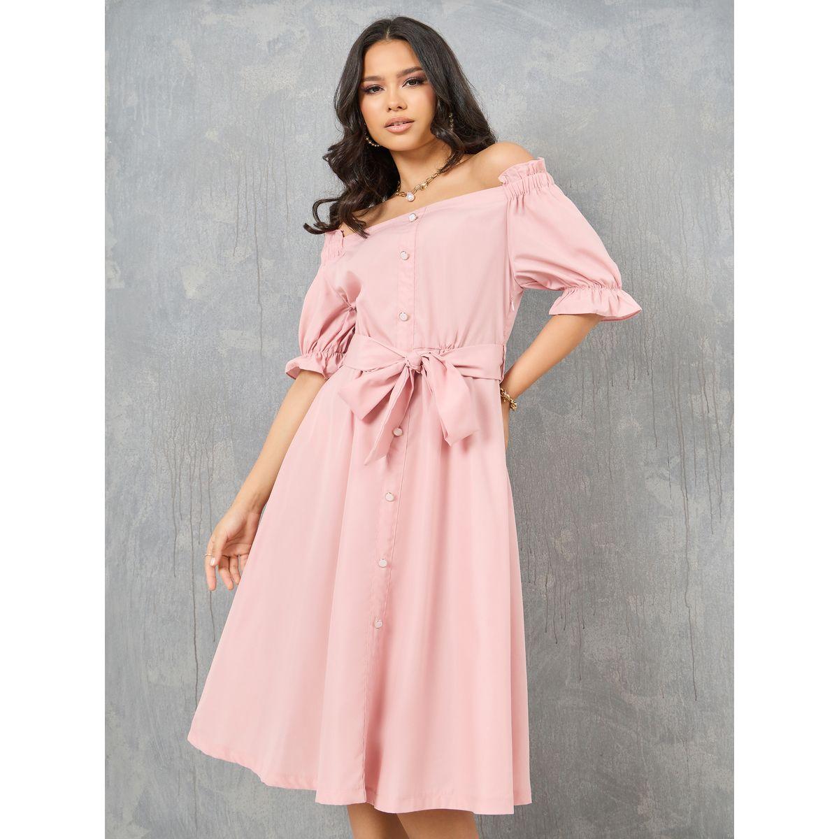 Styli Off Shoulder Ruffle Trim Front Button Detail Dress with Tie Up Belt-women-clothing-dresses-image-1