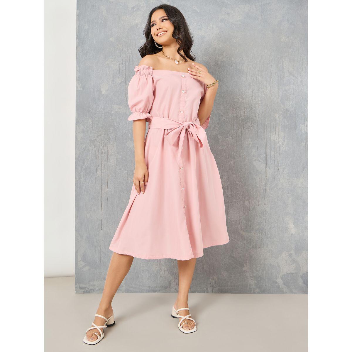 Styli Off Shoulder Ruffle Trim Front Button Detail Dress with Tie Up Belt-women-clothing-dresses-image-2