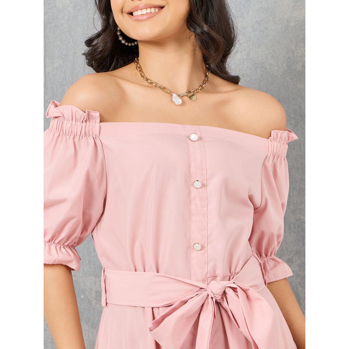 Styli Off Shoulder Ruffle Trim Front Button Detail Dress with Tie Up Belt-women-clothing-dresses-image-3