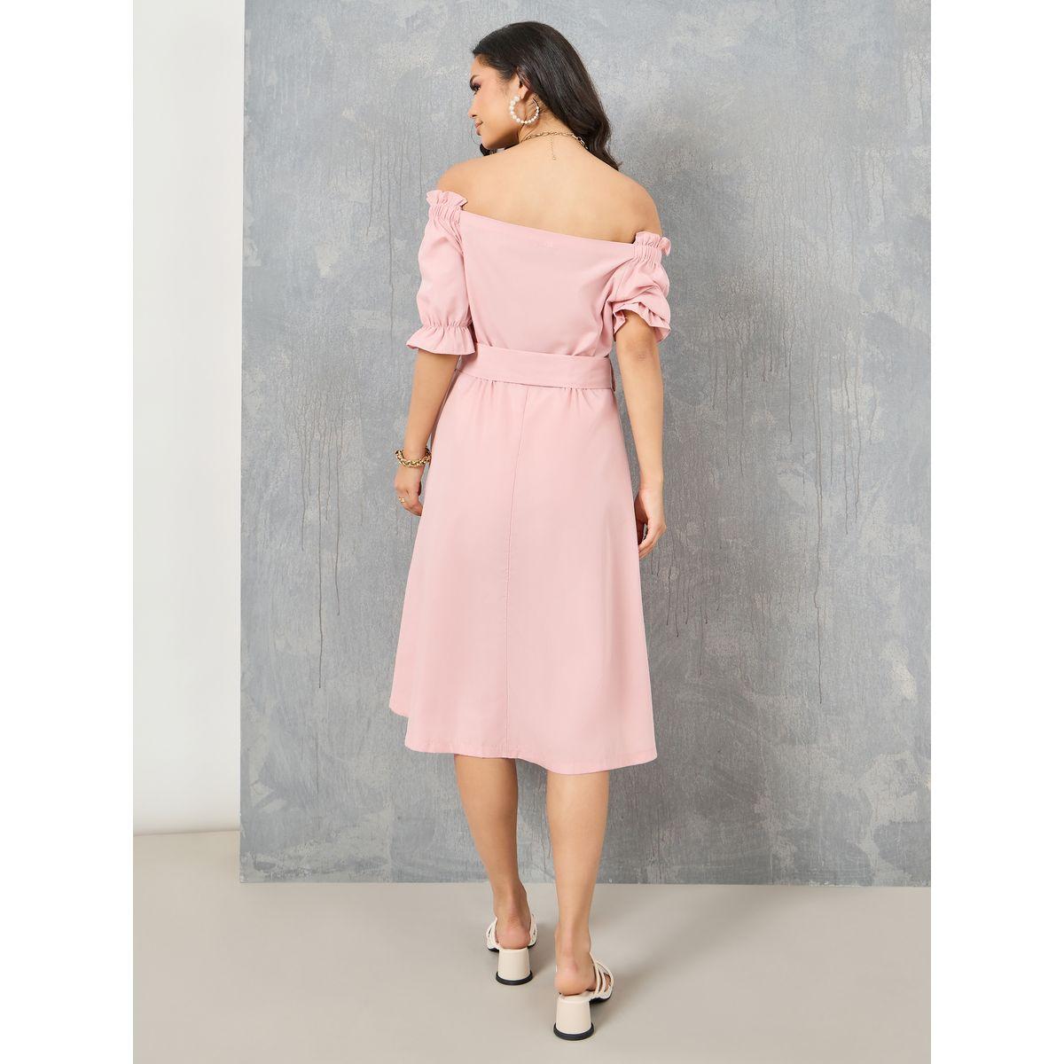 Styli Off Shoulder Ruffle Trim Front Button Detail Dress with Tie Up Belt-women-clothing-dresses-image-4