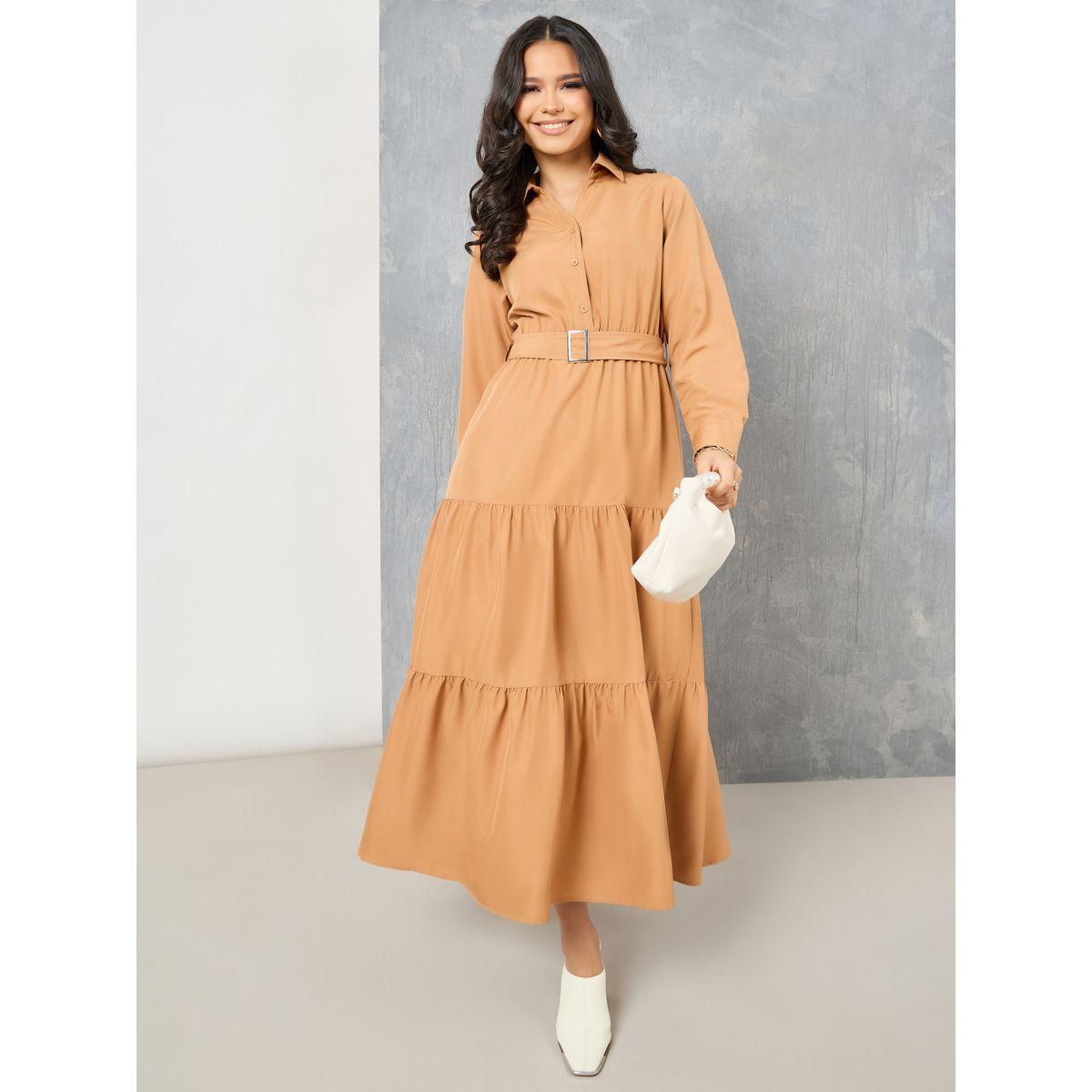 Styli Solid Collared Belted Shirt Maxi Dress-women-clothing-dresses-image-1