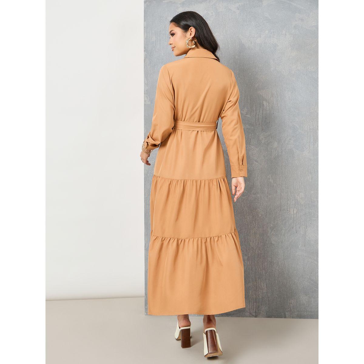 Styli Solid Collared Belted Shirt Maxi Dress-women-clothing-dresses-image-4