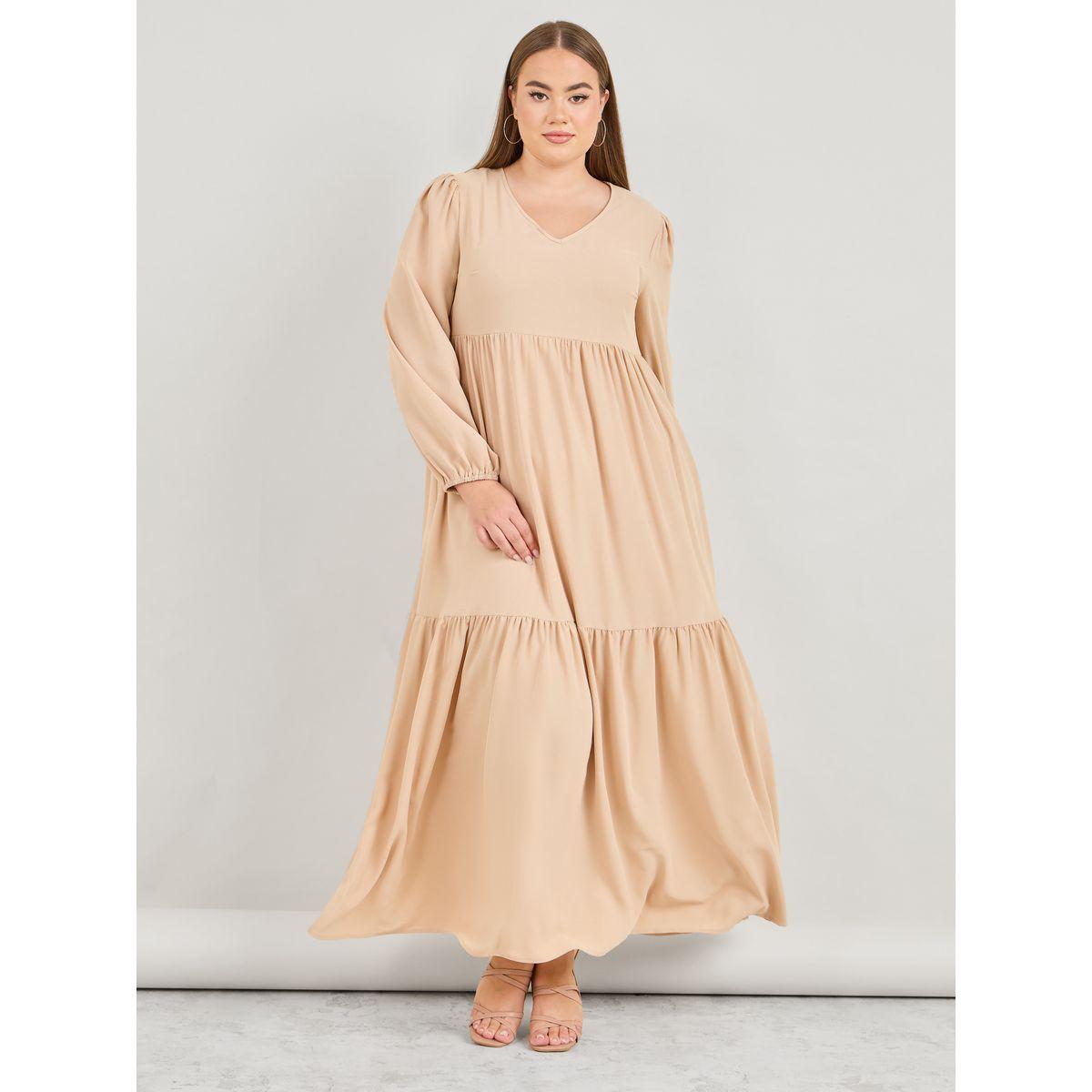 Styli Plus Solid V Neck Tiered Maxi Dress-women-clothing-dresses-image-1